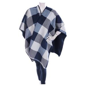 Woolrich Reversible Poncho in Blue and White Plaid